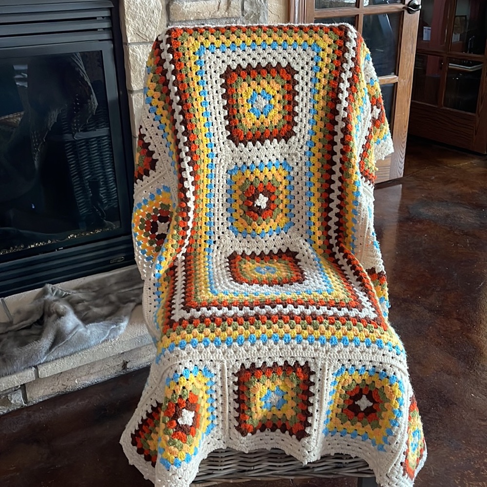 Granny Square Vintage Throw Boho Colors Brown, Rust, Cream & Gold